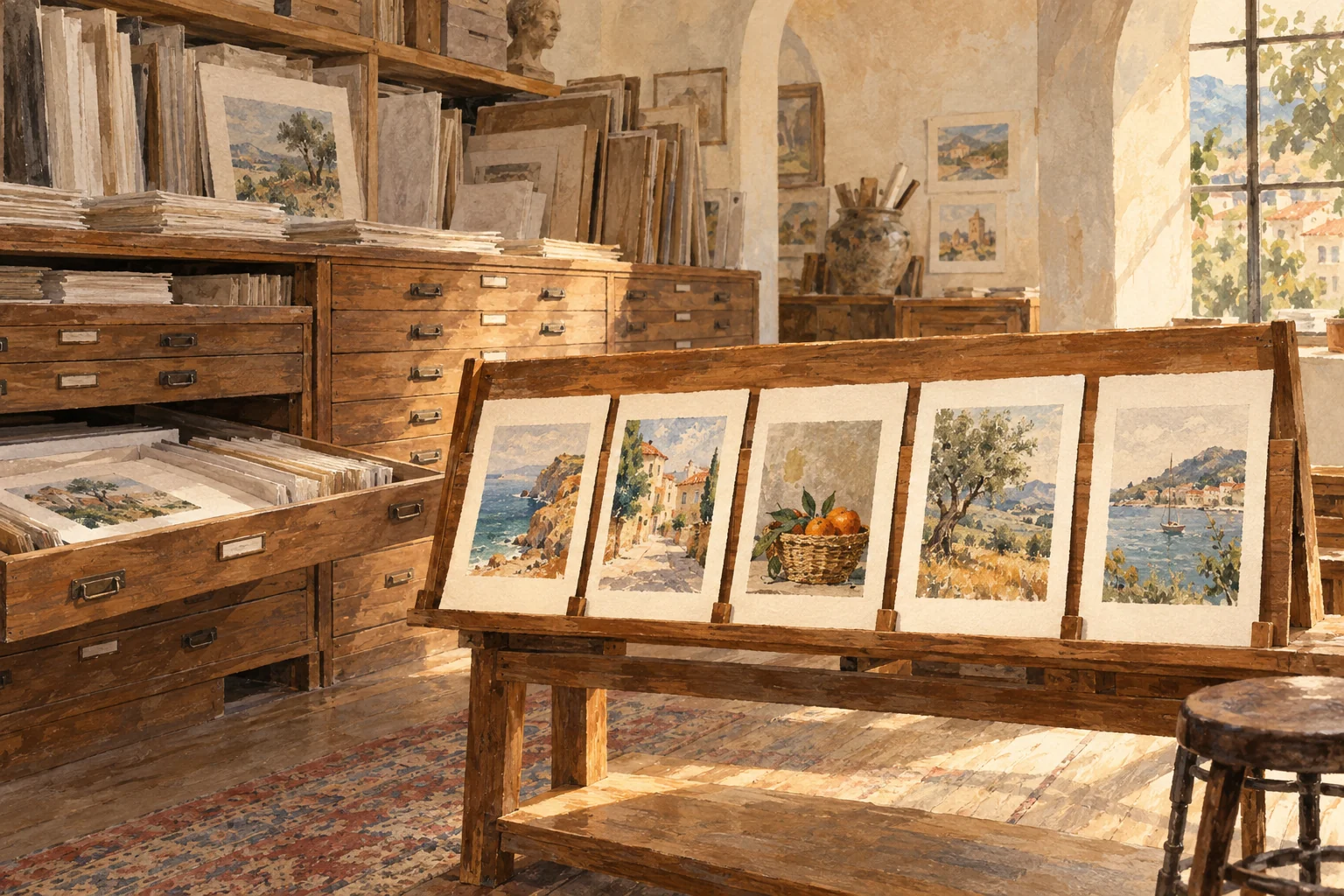 Watercolor illustration: a gallery curator's wooden display rail presents a few fresh finished prints in the foreground while older work remains carefully stored in archival drawers behind.