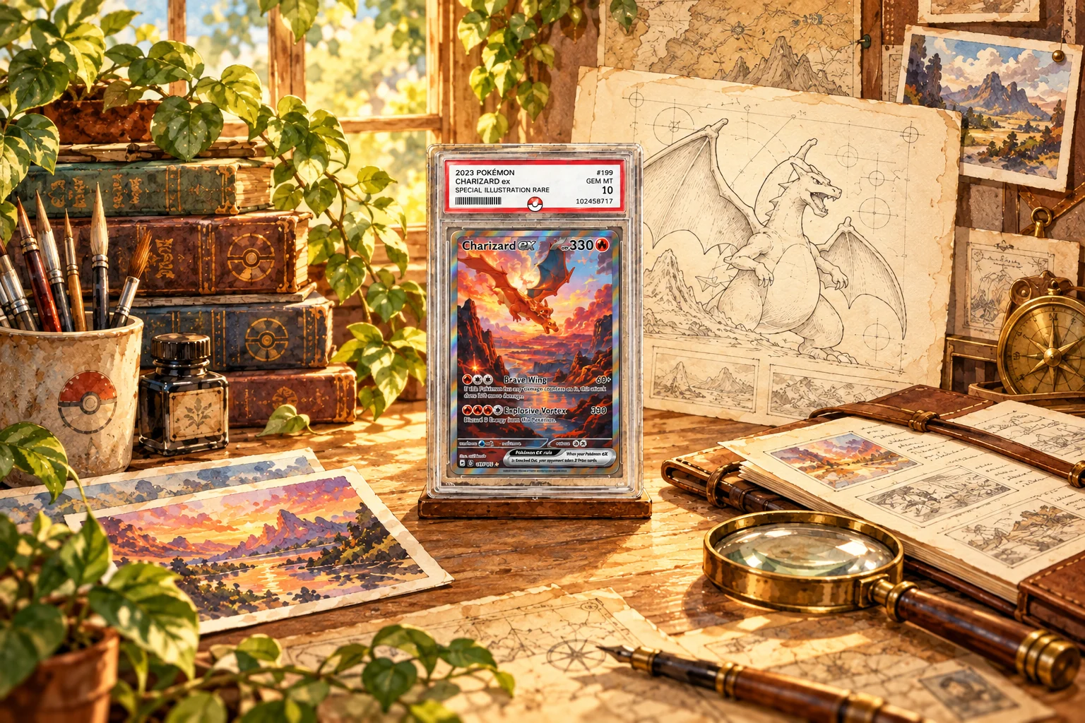 A complete encased Charizard trading card on a sunlit watercolor collector’s desk, beside its pencil study.