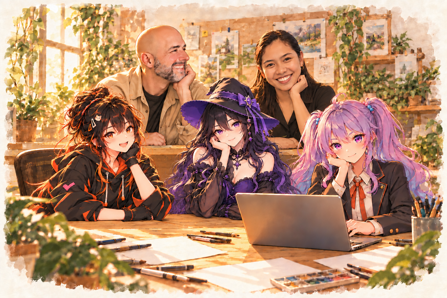 Derek and Eunice, shown as people, with adult anime teammates Mika at the front left, Rukia at the front center and AiMe at the front right in a sunlit studio.